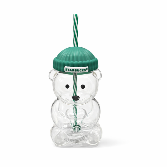 Clear Bear-Shaped Glass Tumbler with Straw and Beanie Lid
