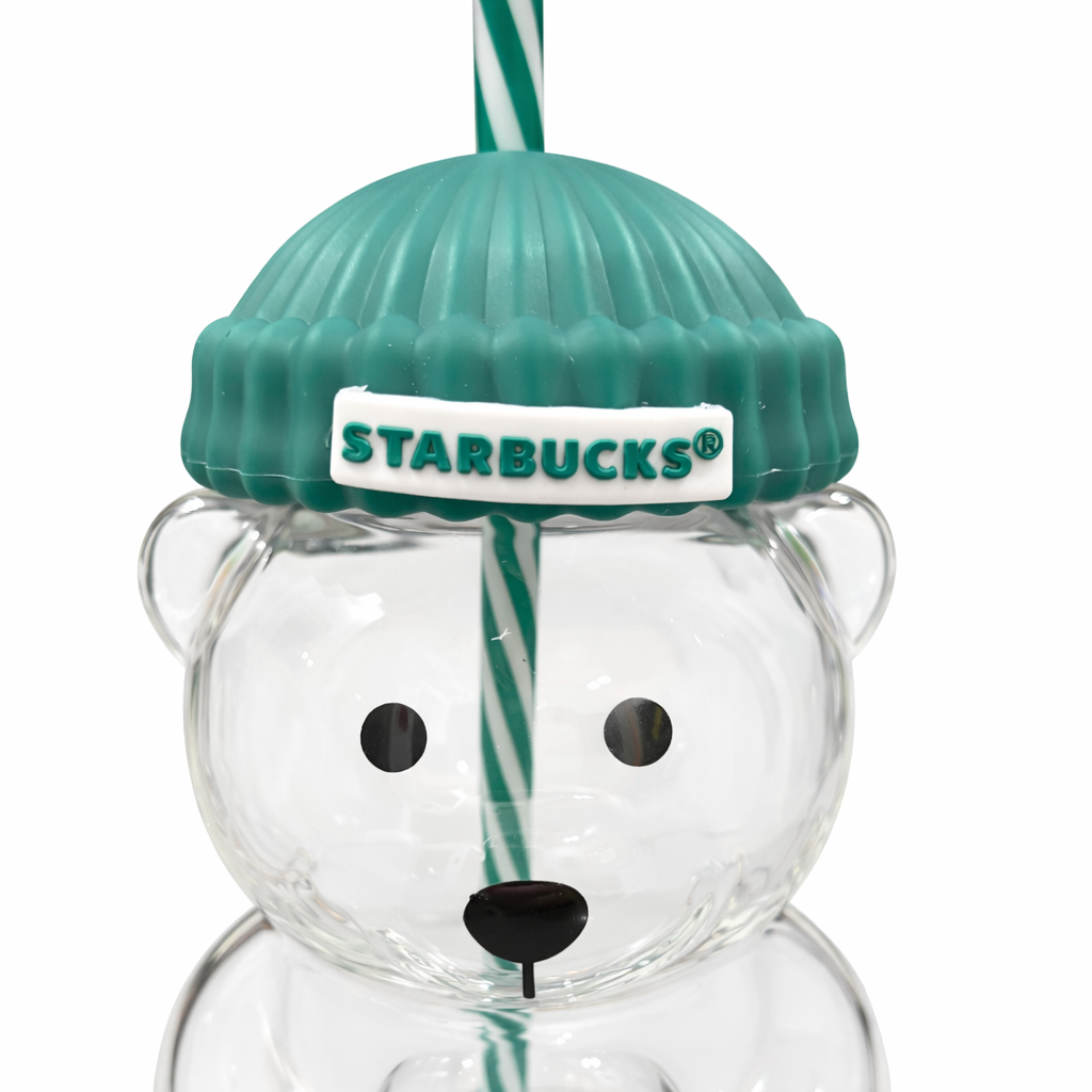 Clear Bear-Shaped Glass Tumbler with Straw and Beanie Lid